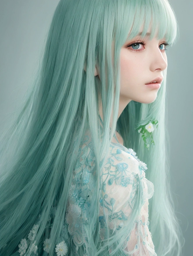 score_9, score_8_up, score_7_up, Girl's profile picture, light green long hair with bangs, light blue petals on cheeks, realistic skin texture, detailed picture, close-up, HD32k