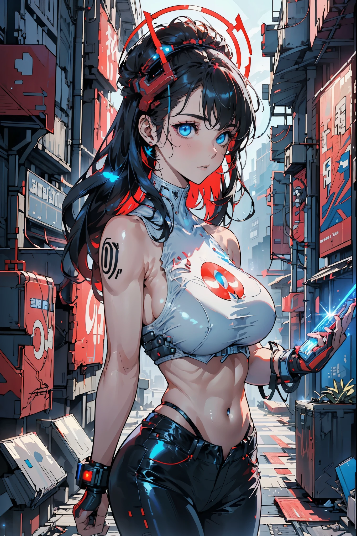 (best quality,high resolution,Ultra Detailed,Practical) ,Close up of Ariana Grande with red leather pants, Red Top, White grey long hair, (Alien invasion background alien spaceship:1.4), (Beautiful blue eyes big stone black:1.4) , (Cowboy pose ), (Practical) ,High-quality 8K detailed art, Best ArtStation Fan Art, Fantasy art style , (Seaborg white red:1.4), (Doomsday city color cyberpunk:1.4),Cyberpunk White,huge , Crazy breast swelling, Chest larger than shoulder blades, Big breasts and thin waist,(huge breasts:1.2),Hydrated skin((rogue))((非常huge乳房)),((Grooves reveal original skin))