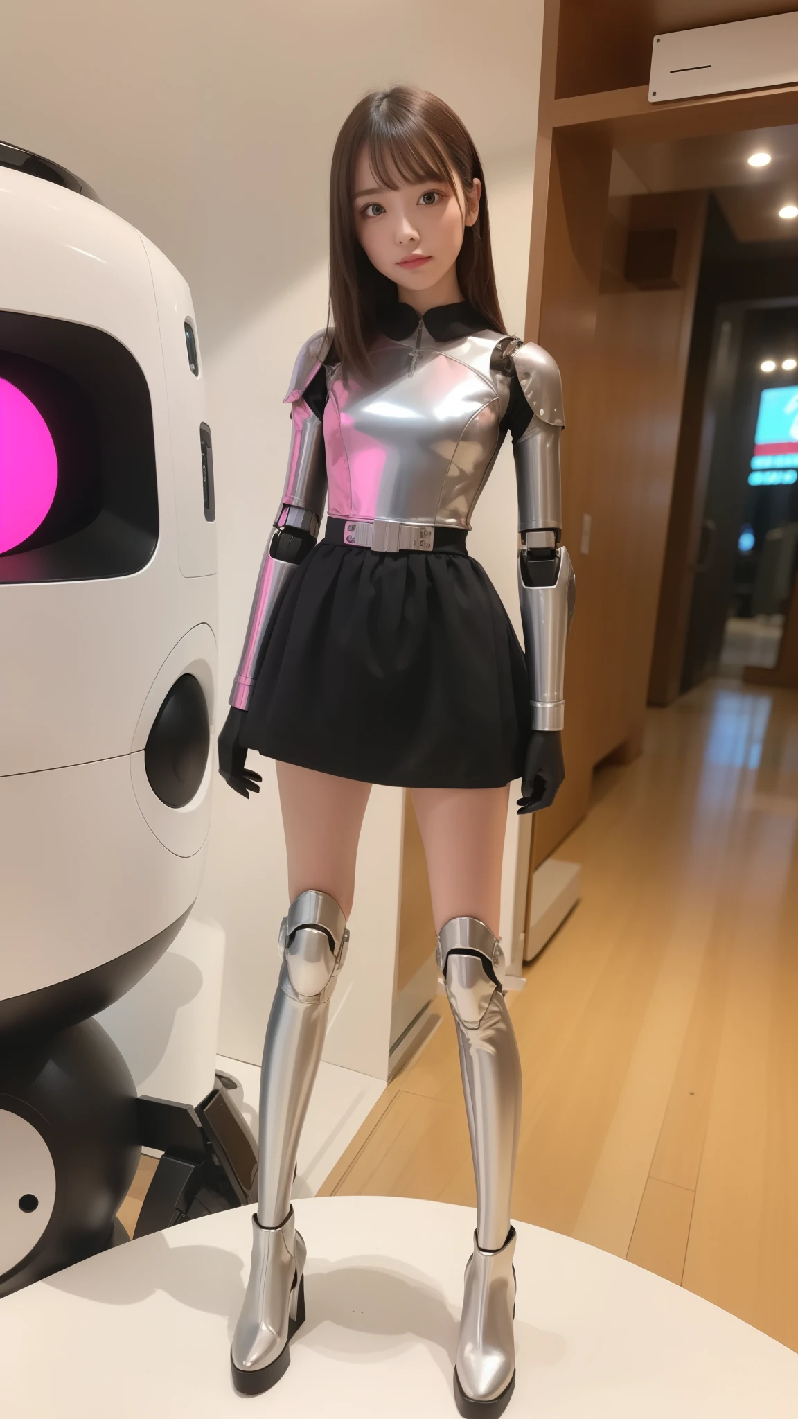 Robot Girl, pink, Silver, Metallic body, Robot Parts, Metal Parts, Super Detailed Face, Super well-formed face, of the highest quality, a small face, a small head, Brown hair, Slender body, Camera gaze, Internal Mechanical Exposure, Idol, front facing, Well-proportioned body, sale, Exhibited, Event Hall, Moe Pose, pink metallic Lolita dress machine armor, Standing with legs open, Model body type, sad, Embarrassing,(Perfect Robot Girl),(Perfect machine body)