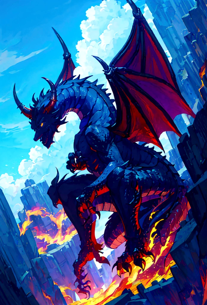 1 man, long black hair, ((half human and half dragon)), threatening look, horns coming out of his neck, black scales around the body, well-designed draconic teeth, frightening look, breath of fire character, right hand of the emperor, Vaisel, blue flames; Hybrid character of Human and dragon, full body;((best angle)); ((better details));  transforming into a dragon;