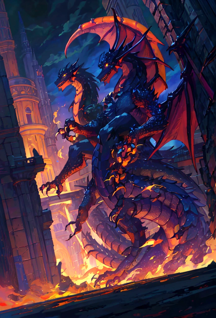 1 man, long black hair, ((half human and half dragon)), threatening look, horns coming out of his neck, black scales around the body, well-designed draconic teeth, frightening look, breath of fire character, right hand of the emperor, Vaisel, blue flames; Hybrid character of Human and dragon, full body;((best angle)); ((better details)); transforming into a dragon;