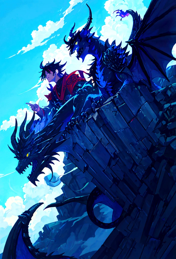 1 man, long black hair, ((half human and half dragon)), threatening look, horns coming out of his neck, black scales around the body, well-designed draconic teeth, frightening look, breath of fire character, right hand of the emperor, Vaisel, blue flames; Hybrid character of Human and dragon, full body;((best angle)); ((better details));  transforming into a dragon;