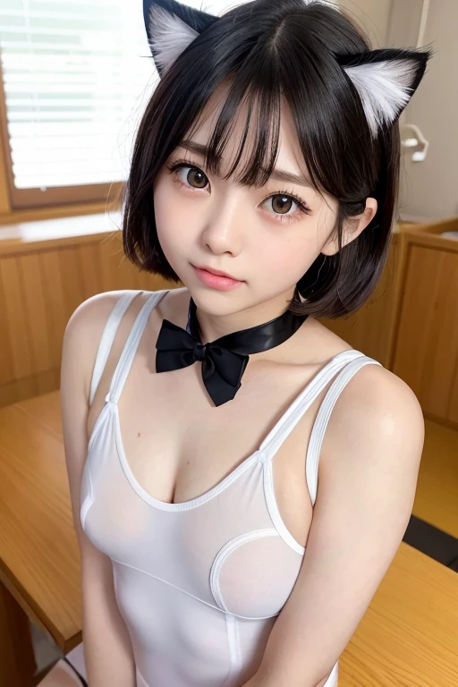 Cute Japan elementary school students , 1 girl, Beautiful details, Beautiful lip detail, Highly detailed eyes and face, Long eyelashes, Small breasts, whole body, ((Cat ear)), Cat earヘッドバンド,See-through leotards, Very short hair, collar, Charismatic, Erotic elegance, Orgasmic, Sex Appeal