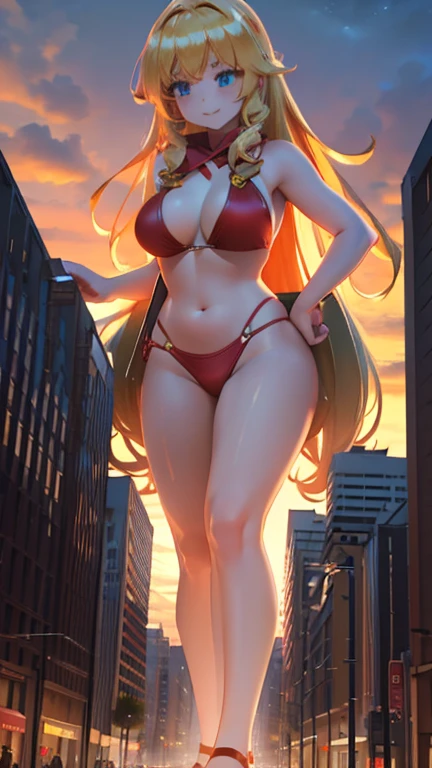 Giant Girl 50,000 feet high,Have a pair of long legs,Have a pair of huge breasts,Wearing a red bikini,Waist-length blonde hair,Loose hair,Wear a pair of Mary Janes,Blonde curly hair,Full of enjoyment,Standing firm in a crowded city, Vandalism,It seems to be an invincible existence,Beautiful appearance,Exquisite makeup,quality,8K,高quality,(Governor:1.5),Perfect proportion, theater lighting,Film Grain,Fuji Colors,8K,Textured Skin,Super Detail,High Detail,high quality,high resolution,thunderclap,Fake laugh,dusk,Obesity, full body image