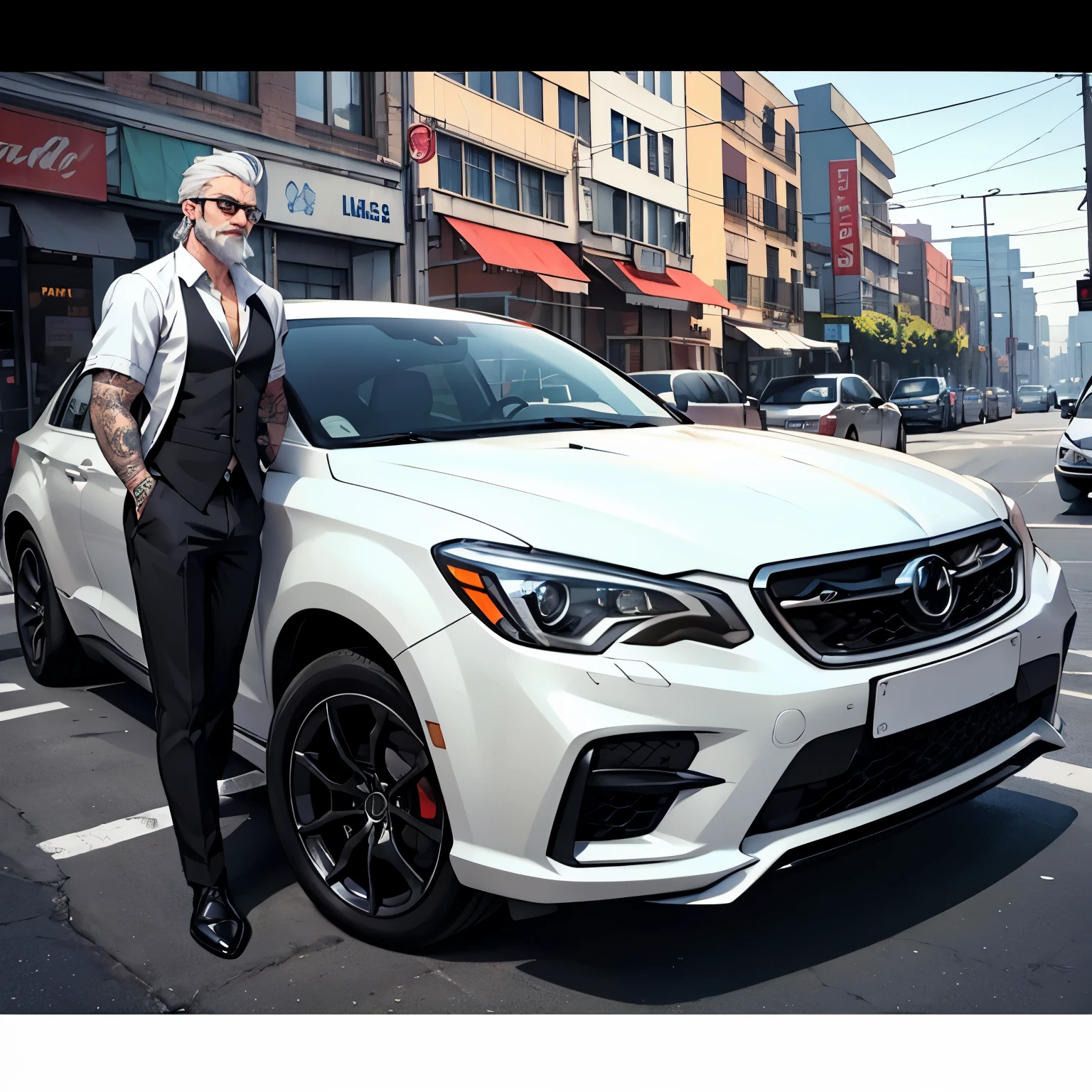 Make a GTAV character who has white hair, wears white glasses, the beard cut is a white goatee, he is wearing a white shirt with a black vest over it, your arms are tattooed. He is leaning against a black SUV car. the license plate is FRANGOLK. zoom out the photo and change the background of the photo to a setting with weapons and luxurious objects, coloque um carro na foto, The license plate says FRANGOLK. the color of the car is black