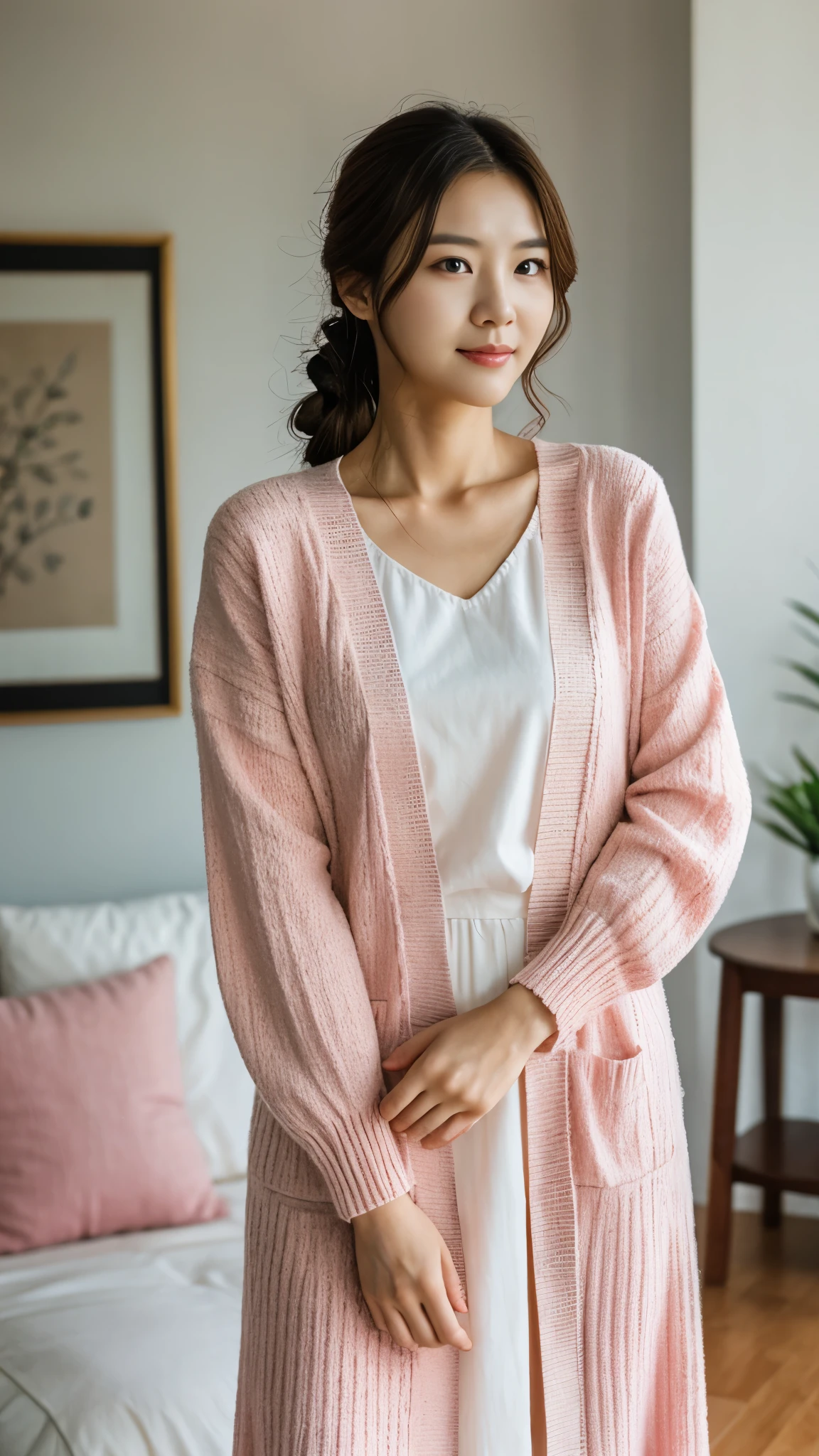 a young Korean housewife in a soft pink knitted cardigan, white maxi dress, large hair bun, standing in living room, facing to viewer, facing front, feminine pose, serene expression, cute face, detailed face, detailed clothing, detailed background, natural lighting, warm colors, beautiful scenery, intricate details, highly detailed, photorealistic, 8k, ((masterpiece)), cinematic style, portrait