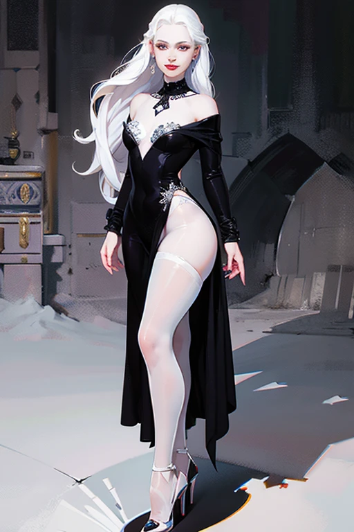 (back view),(full body:1.3),(black clothing), Inside of an opulent Russian palace. Cute 18 yo (albino:1.4)woman of Slavic descent.(short:1.1), , long white hair, gray eyes, ((very pale:1.4)). Innocent look. Gentle spirit.(virgin), (joy:1.2),(smile:1.3). (romantic:1.2). Mascara, red lipstick, necklace, elegant mermaid dress, (black color RealPantyhose:1), high heels. Masterpiece, (highly detailed:1.2),(detailed face and eyes:1.2), 8k wallpaper, natural lighting. core shadows, high contrast