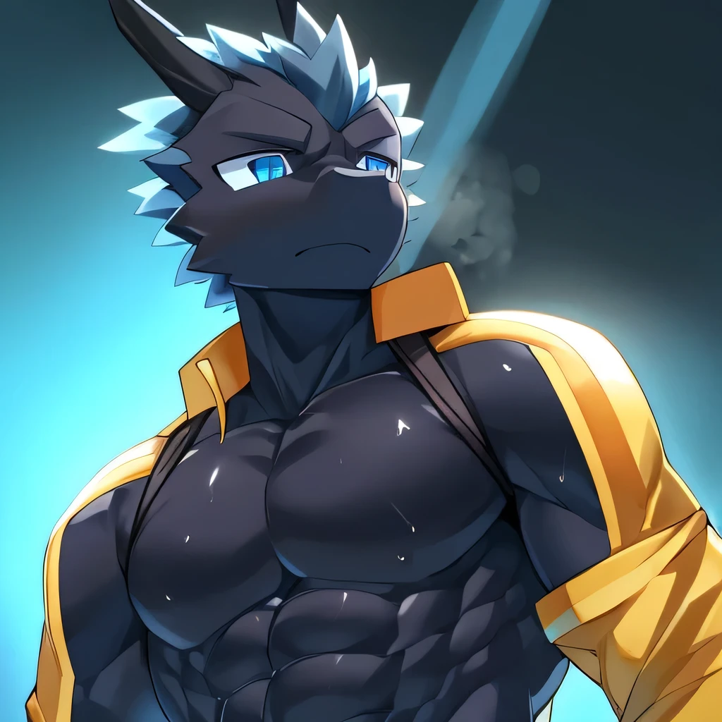 Thin macho　western black dragon　　abs　　　　　Hollow abs　　body suit　　thick arms　　　chest rig　　　、sweaty　　　skin glow　　profile　　Wearily　short of breath　　  　Chemo shota　　Thick chest have a 　blue eyes　Tired look　Glowing abs　Deep abdominals jacket　profile