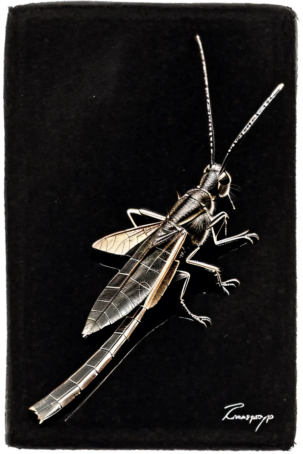 Drawing of black grasshopper from the side