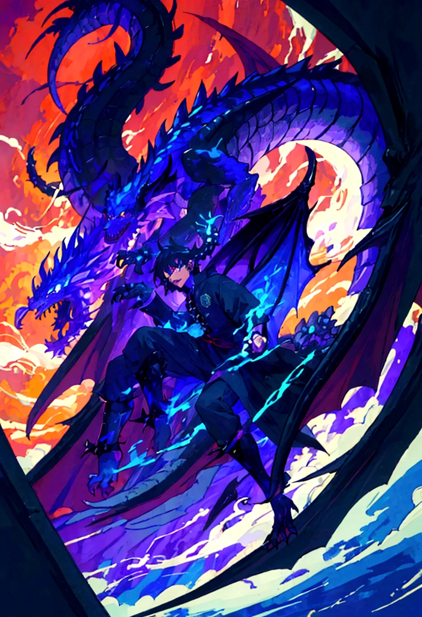1 homem, sozinho, cabelos longos e pretos, ((half human and half dragon)), menacing look, horns coming out of its neck, escamas negras, olhar amedrontador, breath of fire personagem, right hand of the emperor, Vaisel, chamas azuis; Hybrid human-dragon character, corpo inteiro; ((melhor angulo)); ((melhor detalhes)); turning into a dragon;