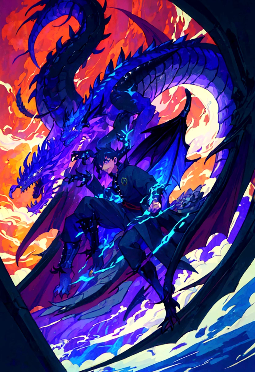 1 homem, sozinho, cabelos longos e pretos, ((half human and half dragon)), menacing look, horns coming out of its neck, escamas negras, olhar amedrontador, breath of fire personagem, right hand of the emperor, Vaisel, chamas azuis; Hybrid human-dragon character, corpo inteiro; ((melhor angulo)); ((melhor detalhes)); turning into a dragon;