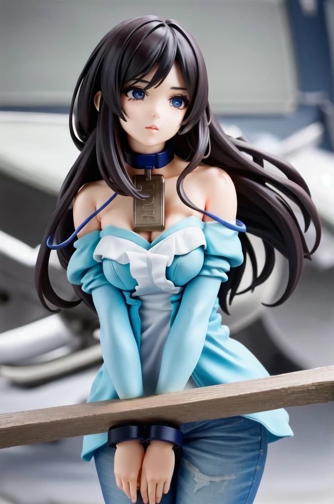 1 girl,futur, starship,, masterpiece, high quality, best quality, beautiful, perfect lighting, detailed face, detailed body,, (((photorealistic, hyper-realistic, RAW photo:1.2))), intricate details, 8k uhd, perfect face, perfect eyes,, stocks, ((stocks and her arms down, chain leash, metal collar,bound wrists)), ((silk_clothes)), JasmineWaifu, young, arabian clothes, off-shoulder shirt, blue pants,multi-tied hair, long hair,