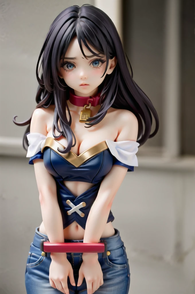 1 girl,futur, starship,, masterpiece, high quality, best quality, beautiful, perfect lighting, detailed face, detailed body,, (((photorealistic, hyper-realistic, RAW photo:1.2))), intricate details, 8k uhd, perfect face, perfect eyes,, stocks, ((stocks and her arms down, chain leash, metal collar,bound wrists)), ((silk_clothes)), JasmineWaifu, young, arabian clothes, off-shoulder shirt, blue pants,multi-tied hair, long hair,