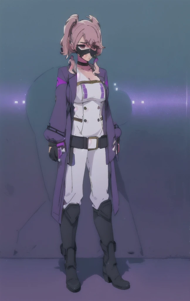 (masterpiece), best quality, a girl in a light purple suit and purple belt, Hero outfit, tight suit, full body, female hero, big boob, black mask in upper part face, black mask, light purple hair, short hair, black masquerade mask, twin tail hair, black boots, full body