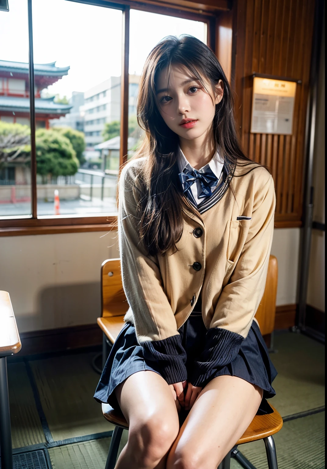 Uruchan-6500-v1.1、(RAW Photos:1.2)、(Photorealistic:1.4)、Beautiful detailed girl、Very detailed目と顔、Beautiful and detailed、unbelievable 、Large file size、Very detailed、High resolution、Very detailed、highest quality、masterpiece、Kemomimi、((Japanese girls high school uniform))、Awareness-raising、Very detailed、CG、8k wallpaper、growing up、finely、masterpiece、highest quality、Highly detailed CG uniform 8K wallpaper、 The light shines on your face、Cinema Lighting、1 girl、、((Dynamic pose)))、(Camel Toe)、(Sitting with knees raised and legs bent in an M-shape.))classroom、In town