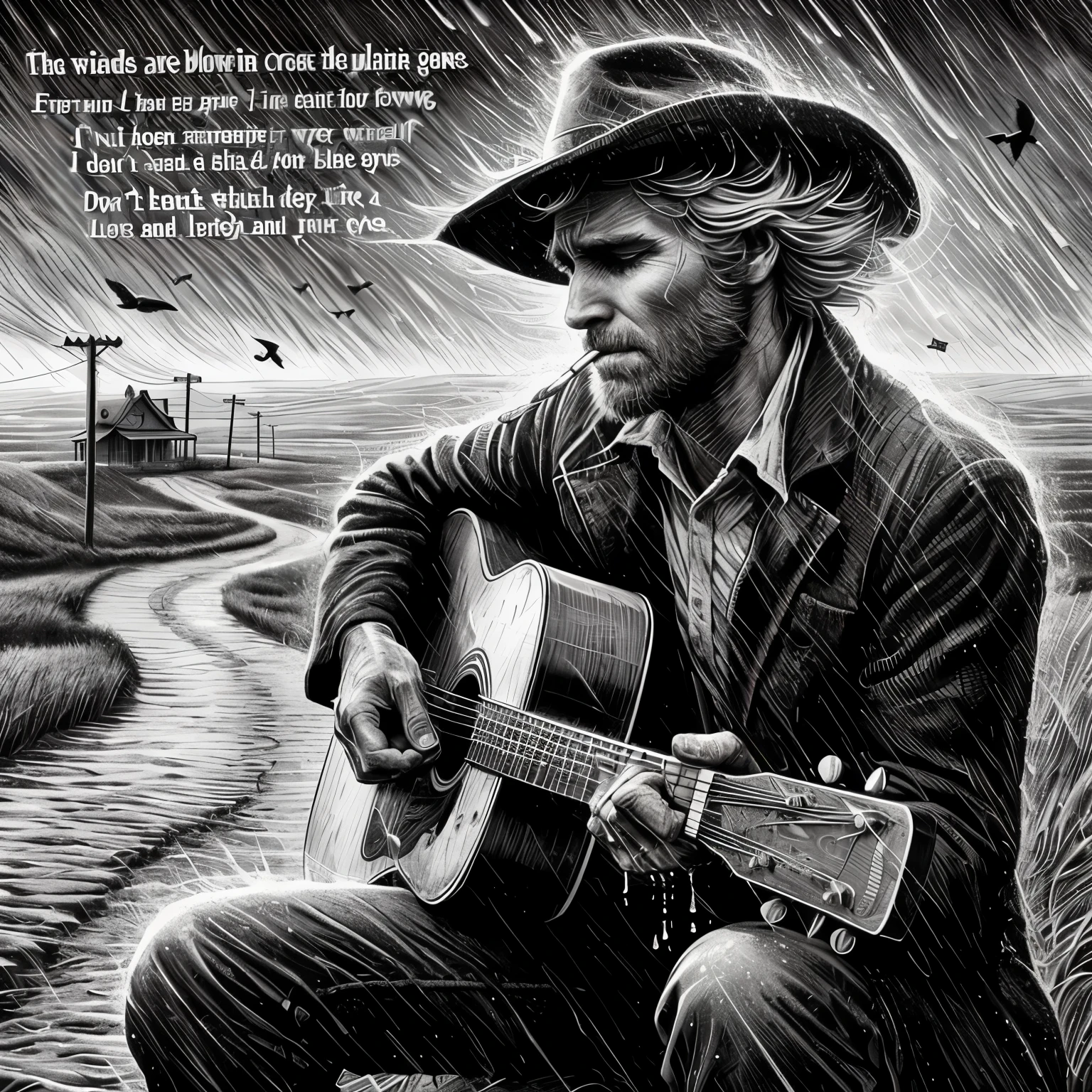 Man playing guitar in the rain with a hand rolled cigarette in his mouth,the winds are blowin cross the plains, everyone I know is gone. rainin every day since a week from Thursday, tears won't stop flowing. I've been so sad for myself that I can't remember when I've seen a smile like yours and your blue eyes. Going down the road alone like when I was born, don't know witch way a way to turn, lost and lonely road lost and lonely.