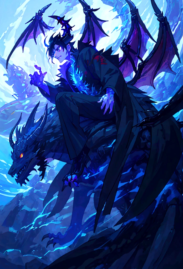 1 man, alone, long black hair, ((half human and half dragon)), threatening look, horns coming out of his neck, black scales, frightening look, breath of fire character, right hand of the emperor, Vaisel, blue flames; Hybrid character of Human and dragon, full body; ((best angle)); ((better details)); transforming into a dragon;