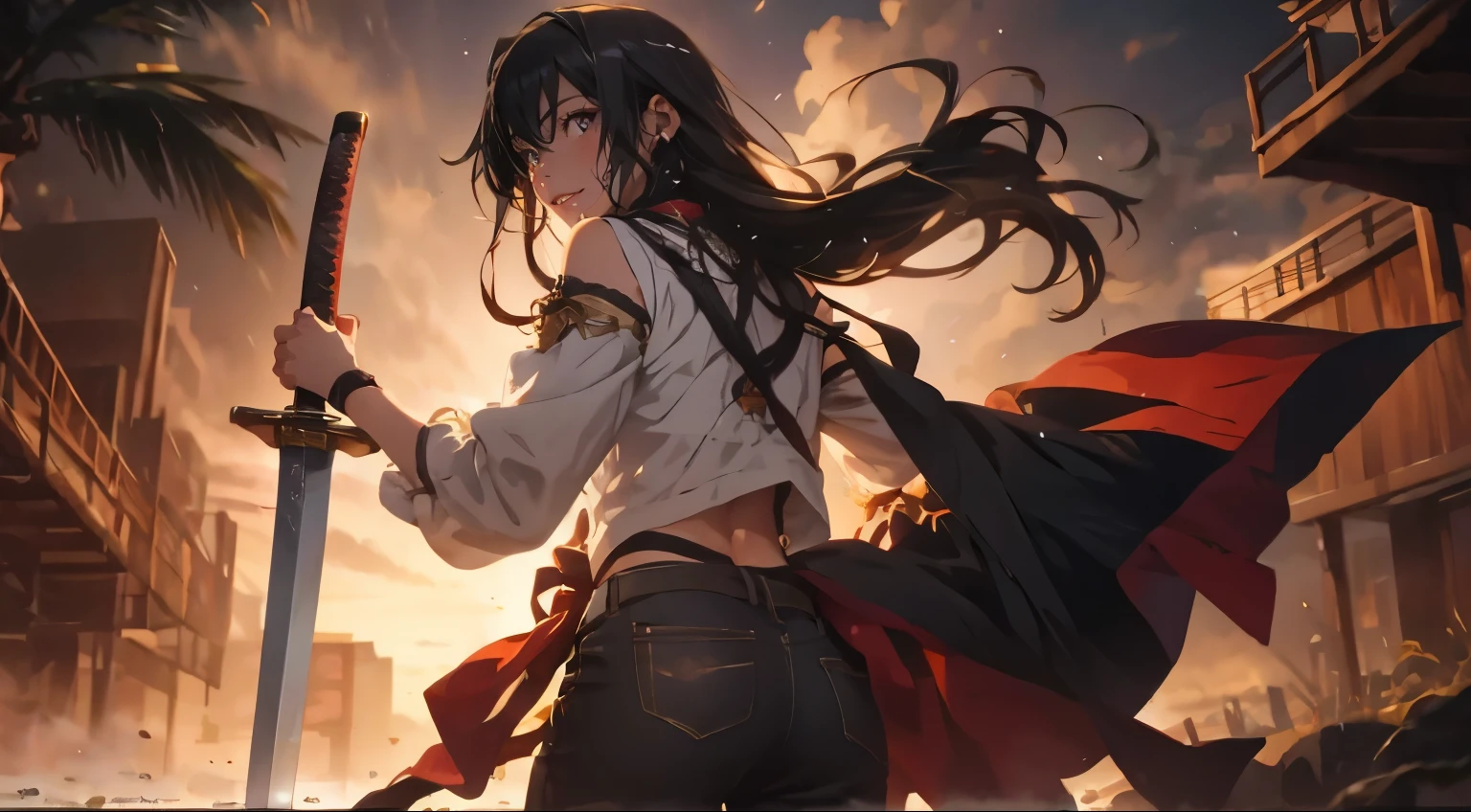 yukinoshita yukino, (long hair, black hair:1.5), grey eyes, sweating, glowing eyes, heavy breathing, female focus, sword, holding, solo, wide_sleeves, 1girl, black_hair, holding_sword, bare_shoulders, detached_sleeves, bulge to ass, looking_at_viewer, long_sleeves, standing, breasts, floating_hair, sunset, katana, cowboy_shot, cloud, midriff, medium_breasts, looking_back, back, sweating, steaming body, (fog:1.3), bokeh, (shaded face:1.2), hollow eyes, grey eyes, looking at viewer, seductive smile, lips, upper teeth,