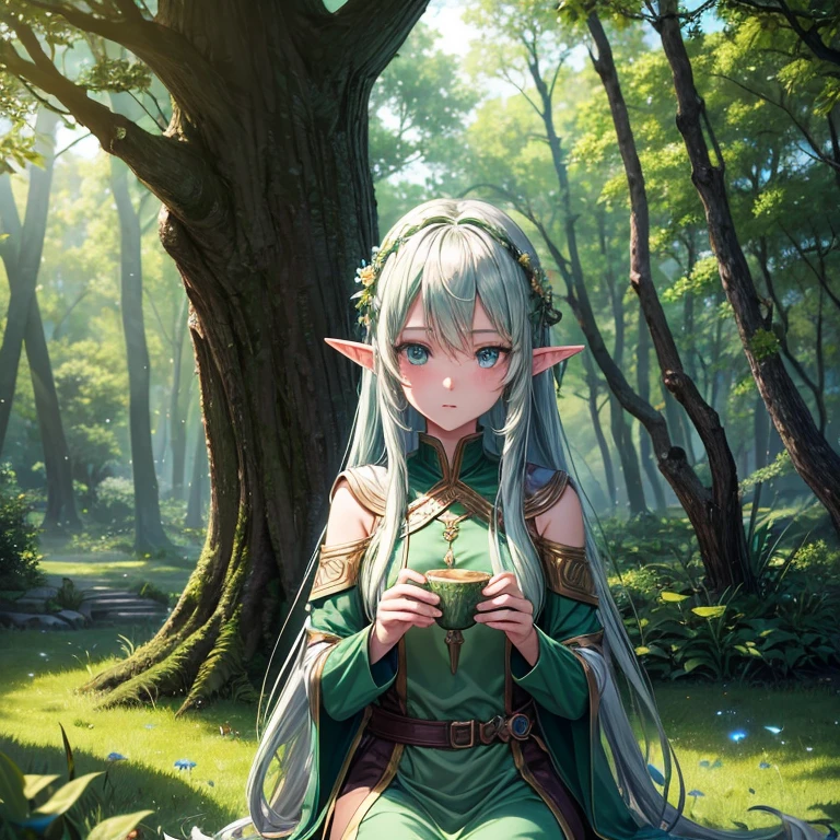 (8k, super details, award winning, high res), anime illustration, two elf girls. One with long silver hair, green eyes. The other with short golden hair, blue eyes, in a green tunic. Set in a magical forest with glowing flowers and ancient trees.
