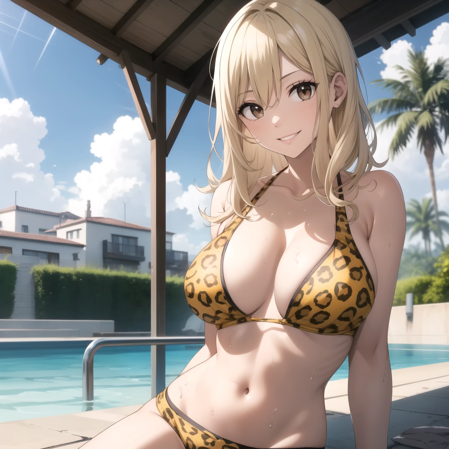 Lucy Heartfilia,  Female 27 years old, cabello rubio, Brown eyes ,sonrisa, yellow leopard bikini, gotas de agua en su pecho, fondo un balneario. sunny day. cuerpo completo. rubia, pelo rubio . mujer sola , una sola chica.  manos perfectas pechos en primer plano. chica sola, 1 sola mujer , esta sola.