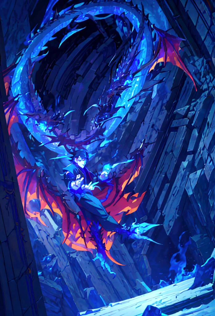 1 man, alone, long black hair, ((half human and half dragon)), threatening look, horns coming out of his neck, black scales, frightening look, breath of fire character, right hand of the emperor, Vaisel, blue flames; Hybrid character of Human and dragon, full body; ((best angle)); ((better details));