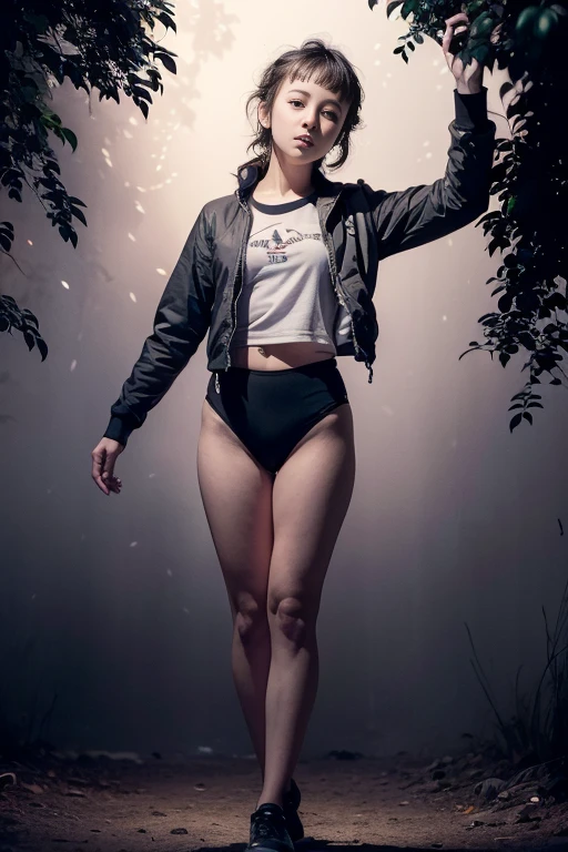 (masterpiece, highest quality), (夜のdark森), One Girl, Black gymnastics bloomers, High leg、School Shirt, standing in night forest, Looking up at the forest、Anxious expression, Emotional, Wide-angle, dark, Best Shadow, watercolor,