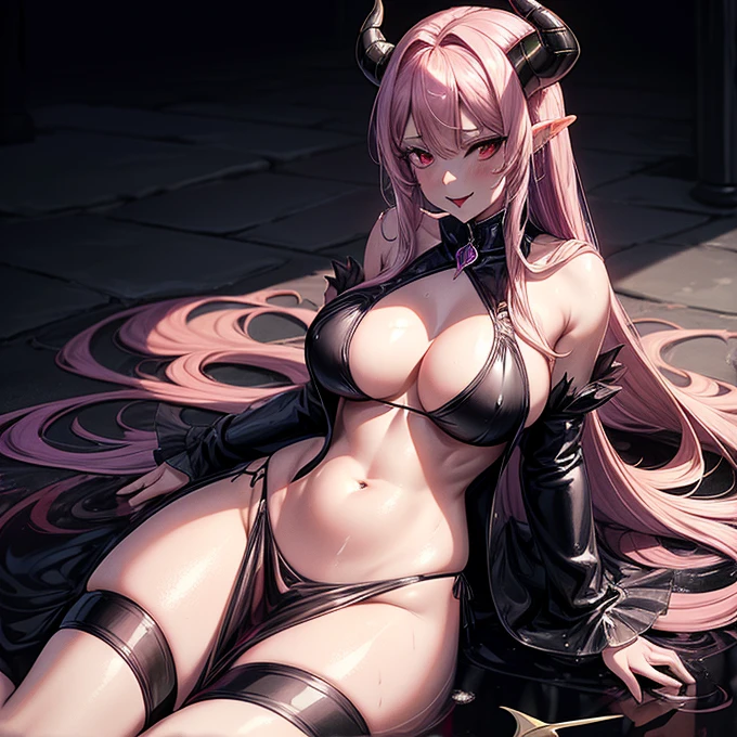 A female demon milf with black Devil horns with wet dress, wet transparent dress, Visible belly button, Visible belly, ((Devil horns)), Very long pink Rapunzel hair, ((Rapunzel's pink hair)), White eyes of the devil., ((White eyes)), Huge breasts and bustsを持つボリュームのある体, ((Huge breasts and busts)), A magnificent and beautiful bright cathedral, An evil and empty look, No shine in the eyes, Looking at the audience, Prominent on legs and chest;, Highlight breasts and hair, Sexy pose, Sexual pose, Realistic chest grip, sysie high resolution details, photograph, Insights, Unique 850 4, Koda850k Portrait Camera, Spring F1.6 , Rich colors, Ultra-realistic texture, Amazing light texture, Surreal art, Cinestill 800 Fashion Mechanism