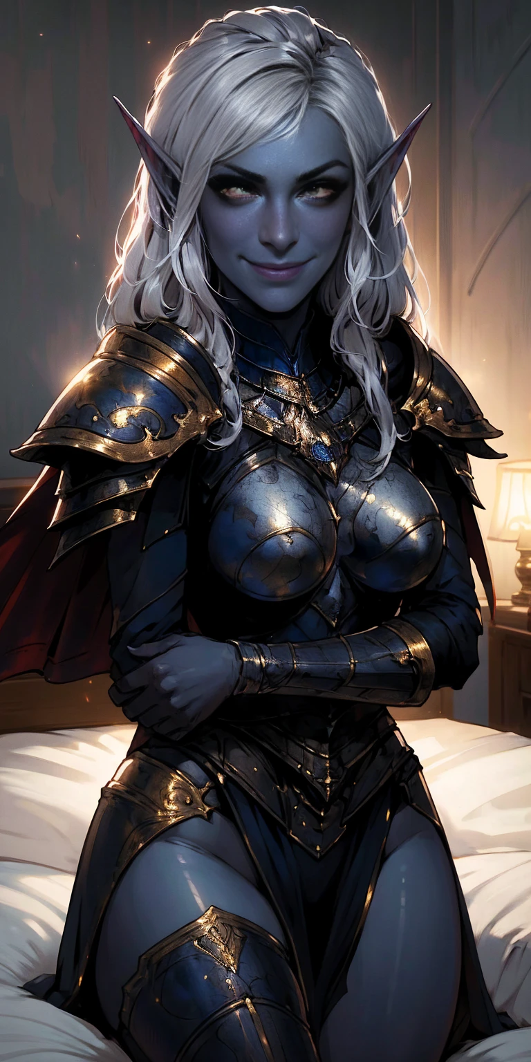 masterpiece, best quality, CG, wallpaper, HDR, high quality, high-definition, extremely detailed, drow, colored skin, dark elf, blue skin, grey skin, pointy ears, cape, armor, looking at viewer, 1girl on bed masturbate, dimmed light, brown eyes, long hair, chibi, red cheeks, sweat 😓 (happy smile closed mouth)