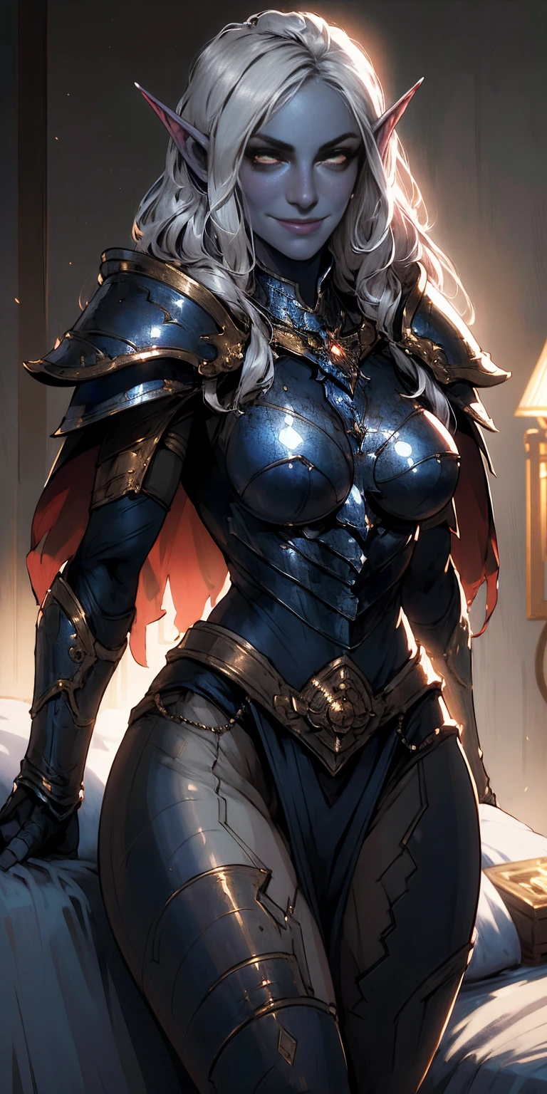 masterpiece, best quality, CG, wallpaper, HDR, high quality, high-definition, extremely detailed, drow, colored skin, dark elf, blue skin, grey skin, pointy ears, cape, armor, looking at viewer, 1girl on bed masturbate, dimmed light, brown eyes, long hair, chibi, red cheeks, sweat 😓 (happy smile closed mouth) 