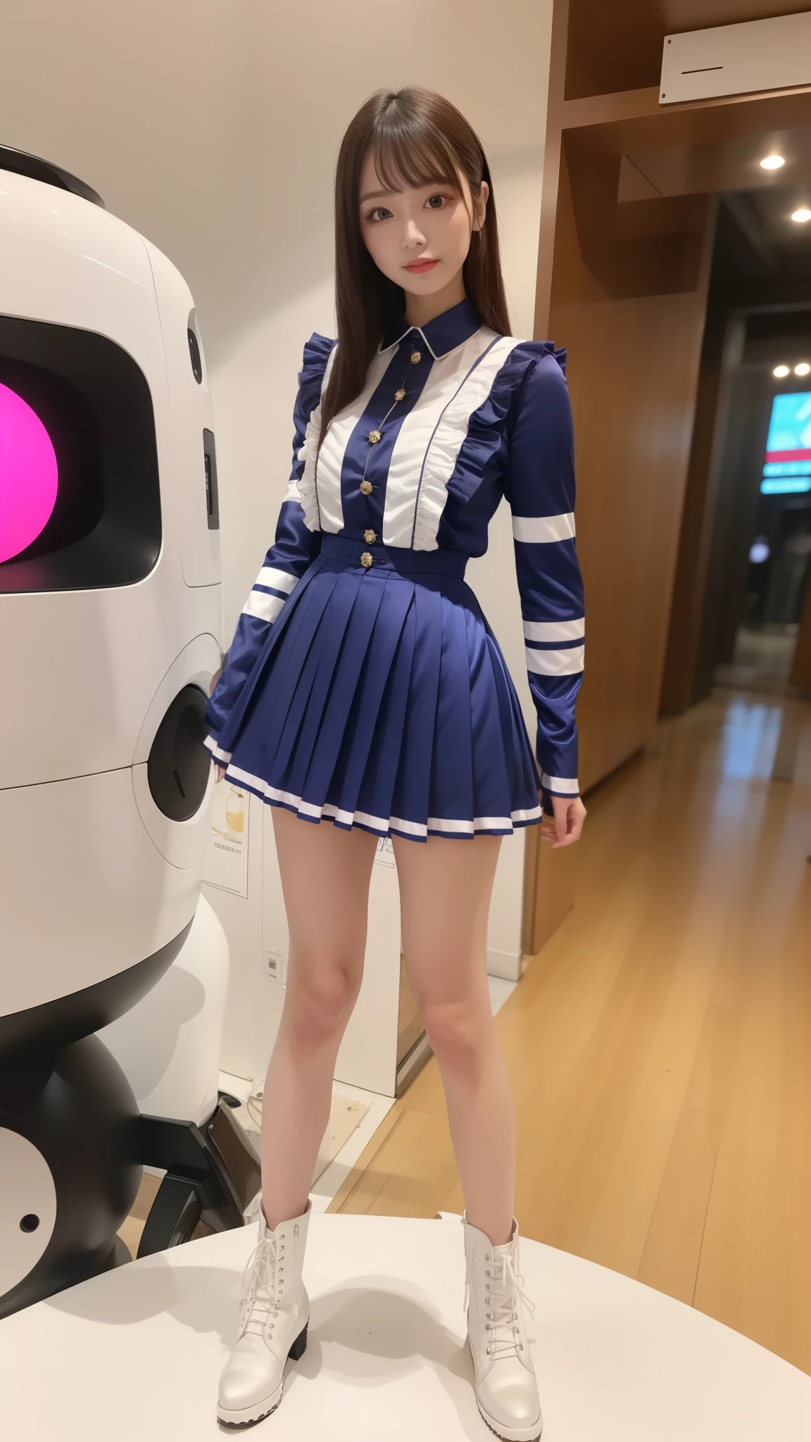 Costume like a idol, blue and white half sleeve Jacket, pink satin ruffled blouse, White and pink stripe pleated skirt, white lace up boots