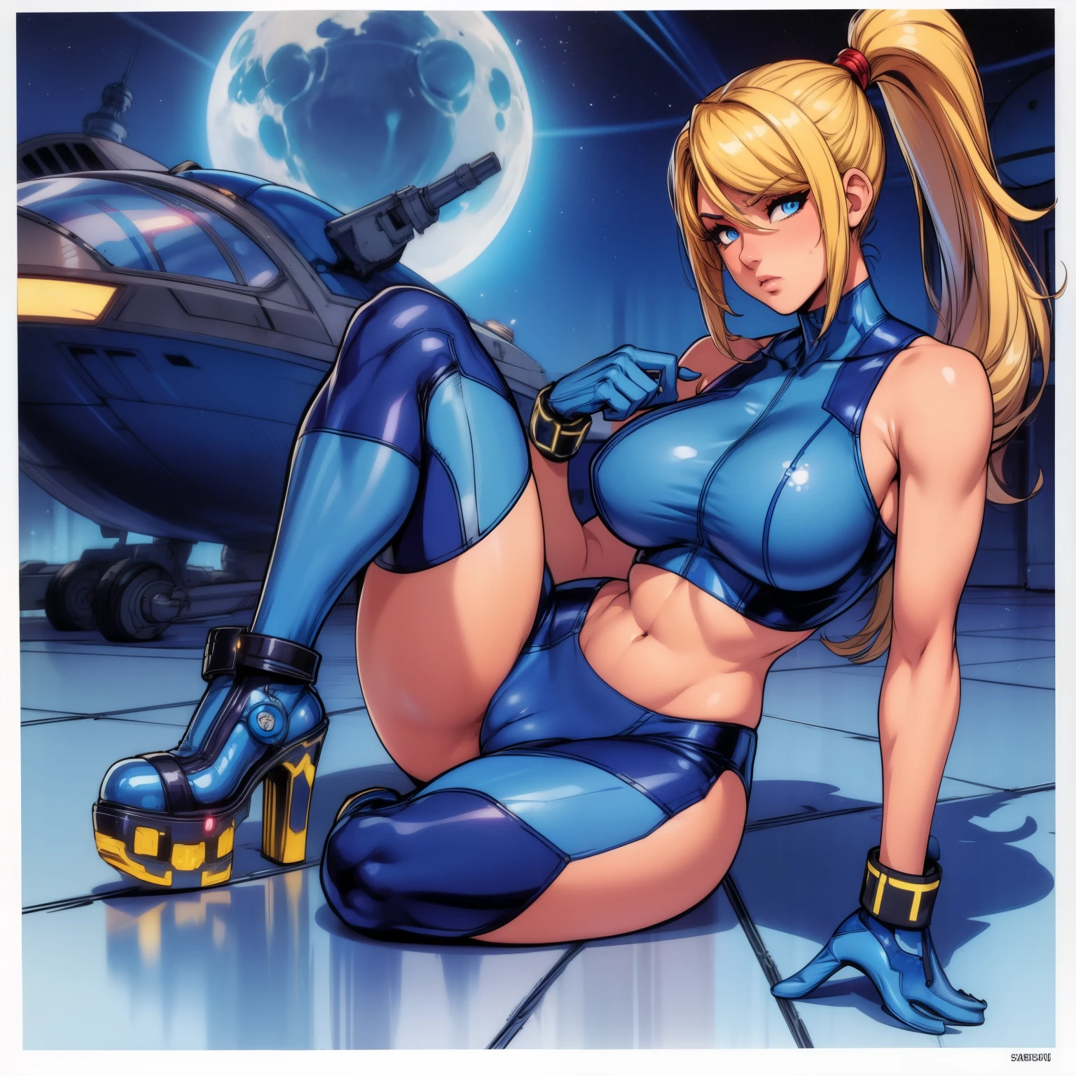 1 girl, solo, samus aran, pelo rubio, blonde hair, ojos azules, blue eyes, ponytail, hair tie, blue gloves, blue bodysuit, high heels, ponytail, blue crop top, sleeveless, midriff, wristband, blue shorts, high heels, big breats, breasts, sexy, spaceship,