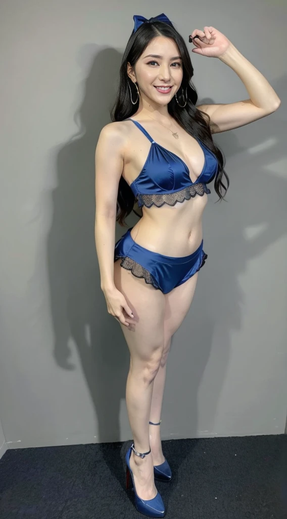 woman, adult, solo, slender, standing, perfect smile, square face, perfect teeth, glossy texture, Lipstick, glossy lips, long hair, black hair, long black hair, messy hair, black eyes, hair ribbon, hair ornament, hair bow, ribbon on hair, large hoop earrings, hoop earrings, oversized hoop earrings, blue bra, blue lingerie, sexy pose, sexy lingerie (masterpiece), (high quality), (best quality), (detailed), perfect lighting, detailed face, detailed body, slender body, blue panties, thick legs, perfect legs, perfect limbs, perfect arms, high heels