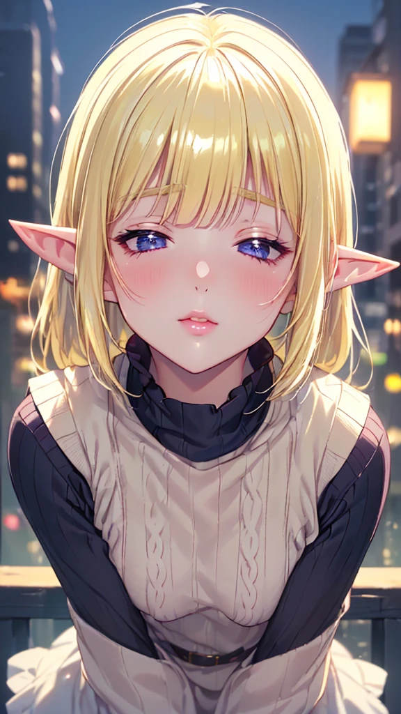 ((Closer to me))、((Focus on the upper body))、16k、masterpiece、High resolution、High resolution、((****ung elven female))、((Beautiful shiny white skin))、((Beautiful blonde))、short hair、((Close both eyes completely))、((Pointy Ears))、blush、Pink Lip Gloss、Shiny skin、((Ruffled summer sweater))、((In a crowded city at night))、((Forced to kiss me))