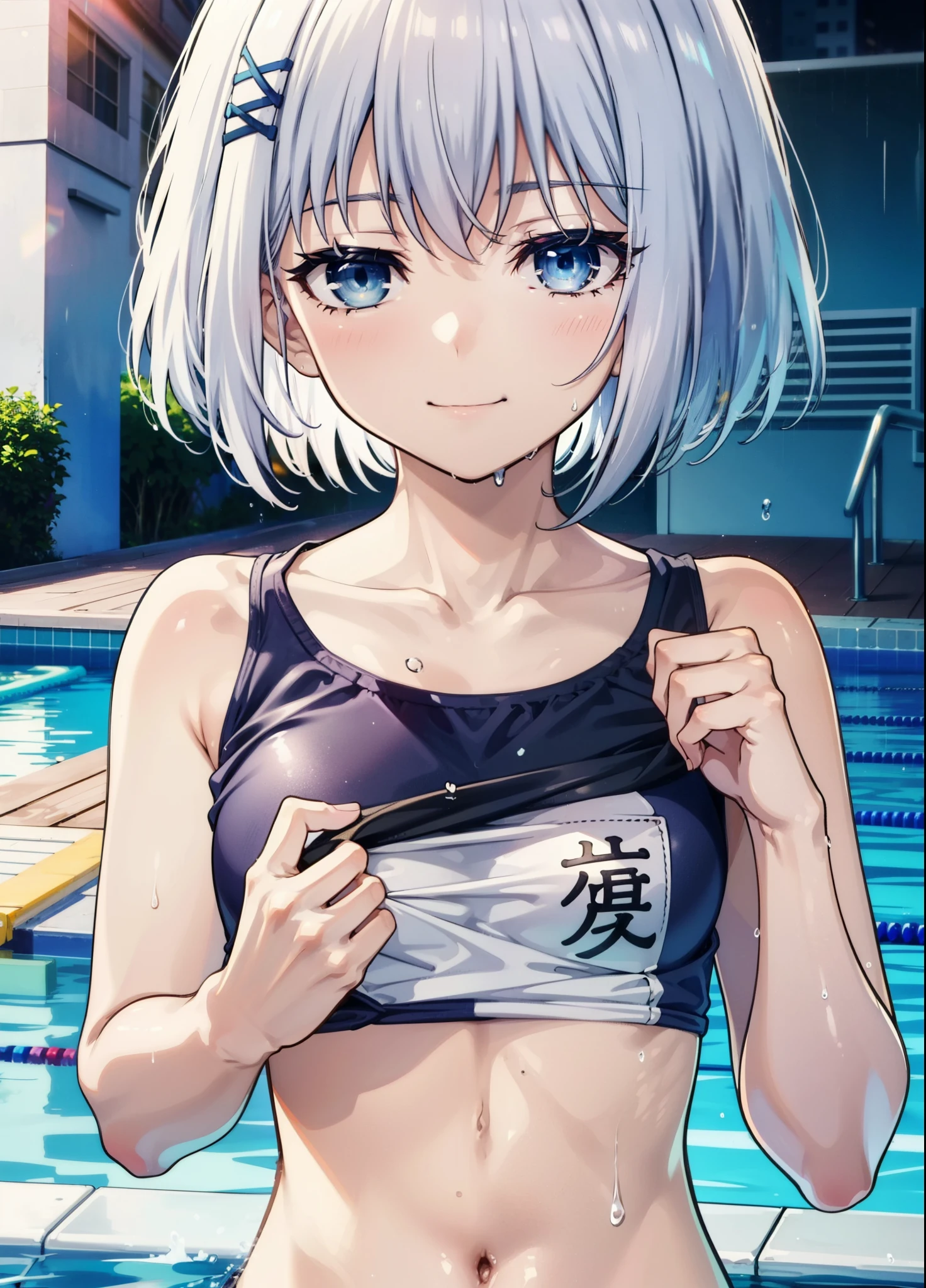 origamitobiichi, Origami Tobiichi Casual, short hair, blue eyes, happy smile, smile, Shut your mouth.,Medium Breast,smile,Wet swimsuit,Wet Hair,Wet Skin,whole bodyがイラストに入るように,School Swimsuit,School Swimsuitを着た群衆,student,sunny,Daytime,
break outdoors ,School,Outdoor swimming pool,
break looking at viewer, whole body,
break (masterpiece:1.2), highest quality, High resolution, unity 8k wallpaper, (shape:0.8), (Beautiful details:1.6), Highly detailed face, Perfect lighting, Highly detailed CG, (Perfect hands, Perfect Anatomy),