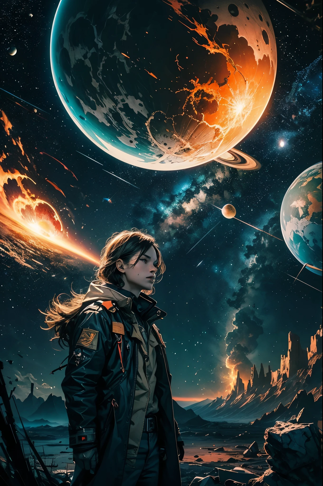 Worlds end,sky falling,time is peeling,agony,despair,detailed,space,planets,falling star,meteor,fire