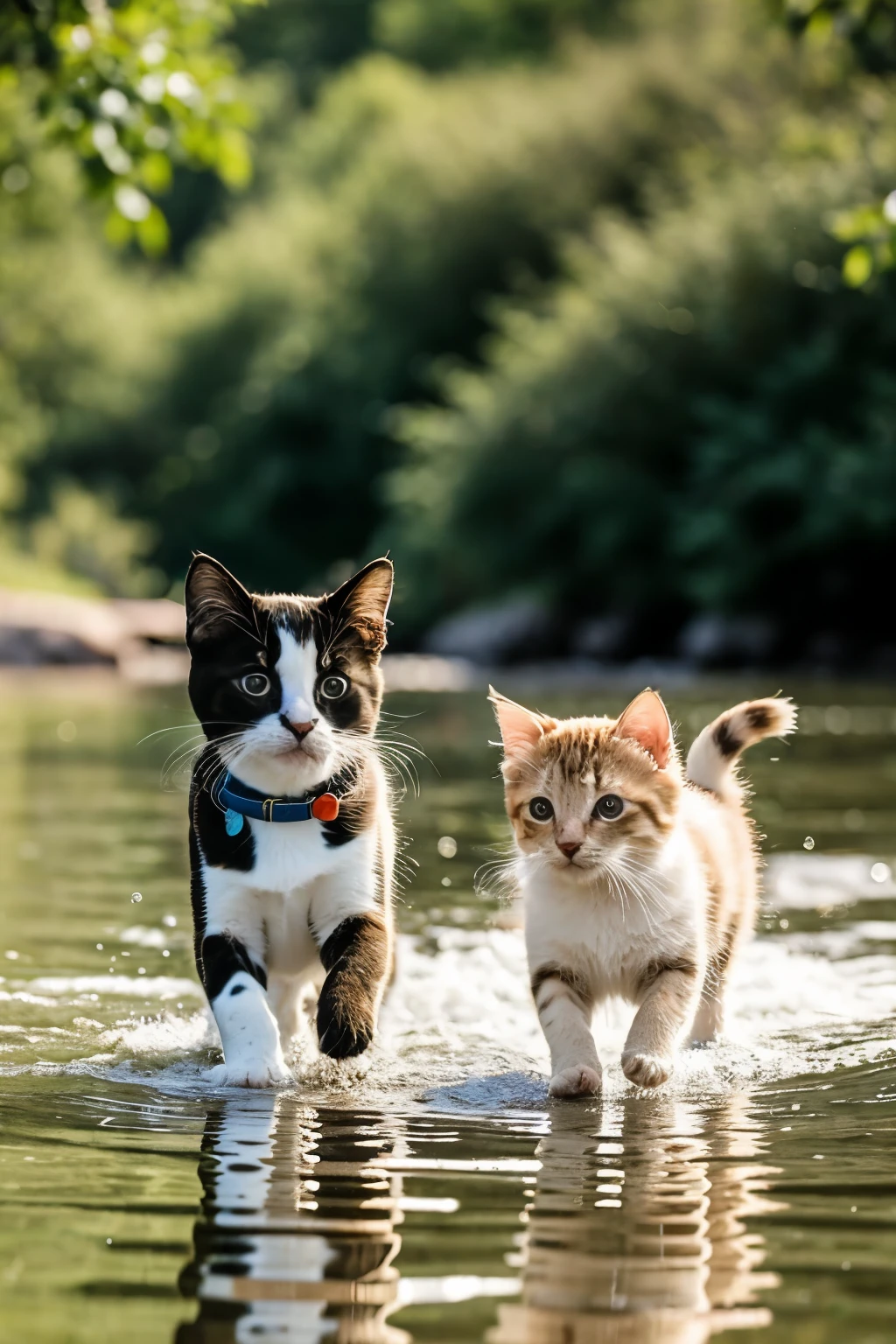 ((Best quality)), ((masterpiece)), (detailed), the kitten kisses the puppy and they walk together on the water on camera
