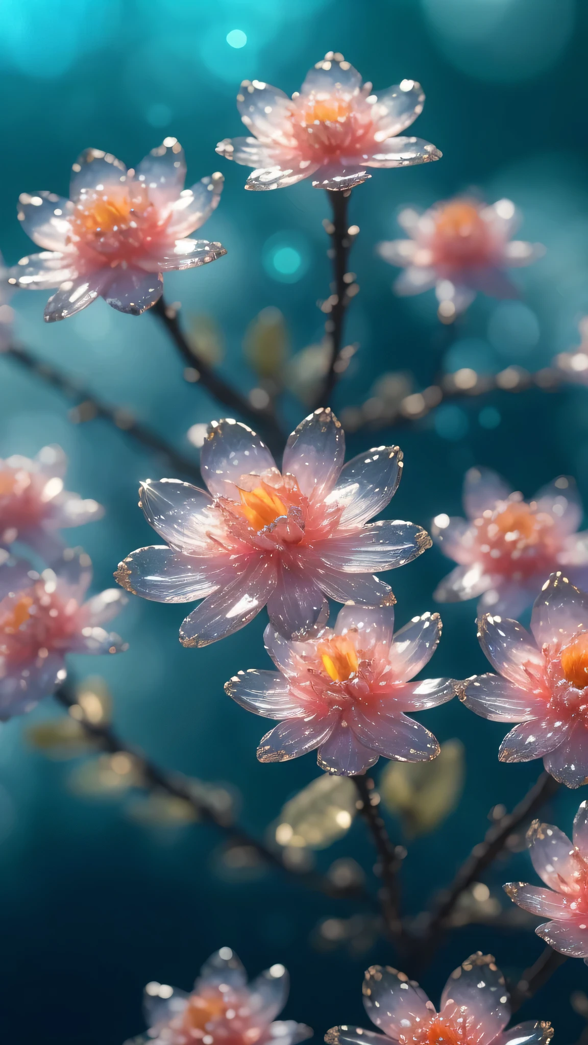 Crystal Spring Blossom, fantasy, galaxy, transparent, spark, spark, outstanding, Colorful, Stunning photography, Dramatic Lighting, Photorealism, Super detailed, 4k, Depth of Field, high resolution
