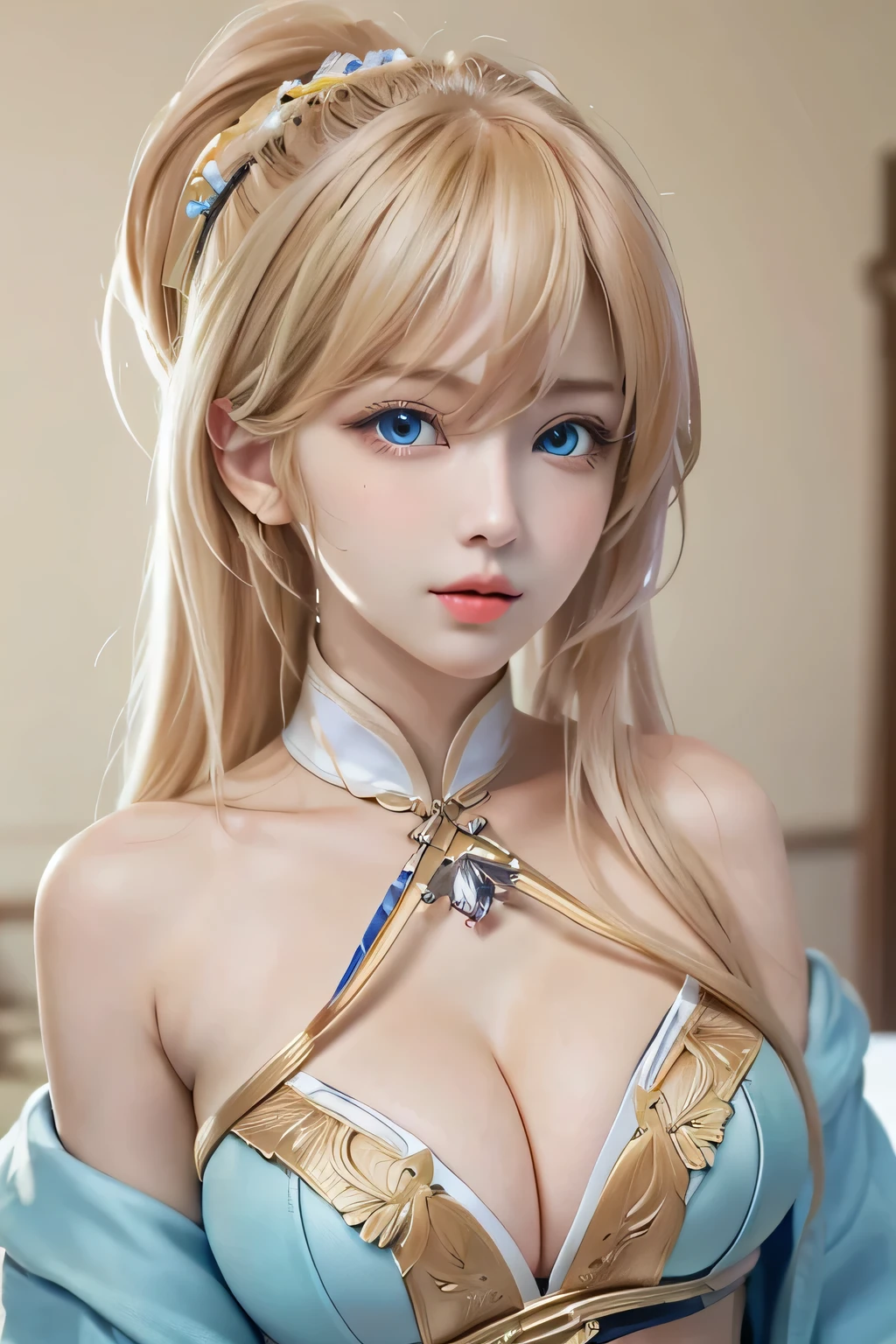 (masterpiece, best quality, Large Breasts, realism, real, photo: 1.4), Ji Xiaoman, Blonde, (ulzzang-6500-v1.1:0.7), very cute face, blue eyes, Upper Body, Large Breasts, real, photo