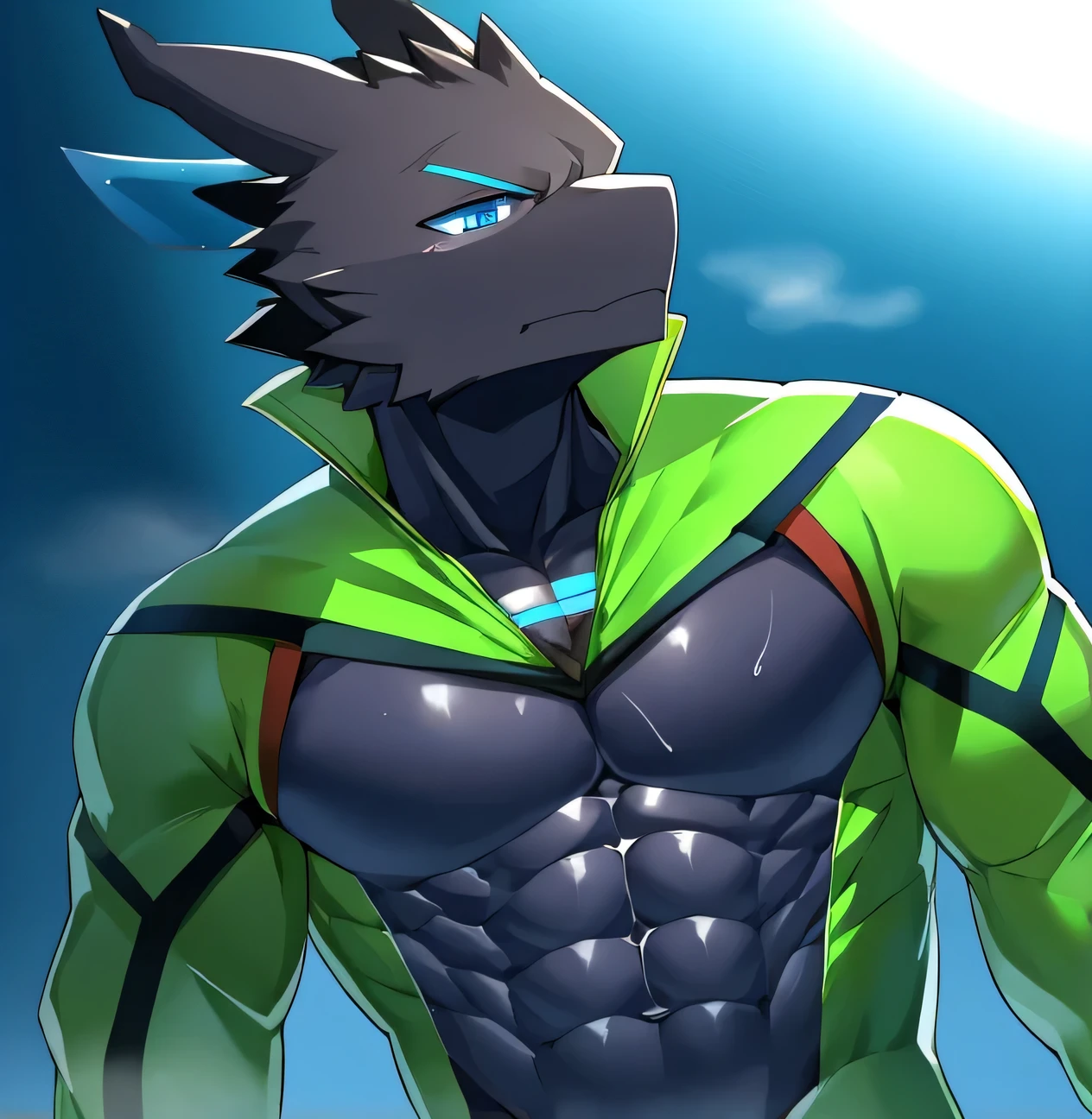 Thin macho western black dragon abs Hollow abs body suit thick arms chest rig 、sweaty skin glow profile Wearily short of breath Chemo shota Thick chest have a blue eyes Tired look Glowing abs Deep abdominals jacket profile