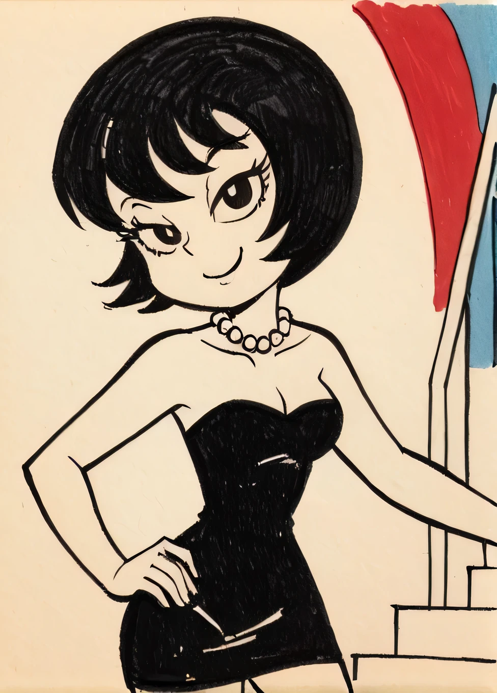 Jucika, traditional media, black eyes, black hair, short hair, flat color, solid color, colored skin, zPDXL, best quality, amazing quality, score 9, 1girl, collarbone, strapless black tube dress, pearl necklace, hand on hip, looking at viewer, half-closed eyes, blue bubbles floating around her and a colorful mansion with stairs background, seductive smile