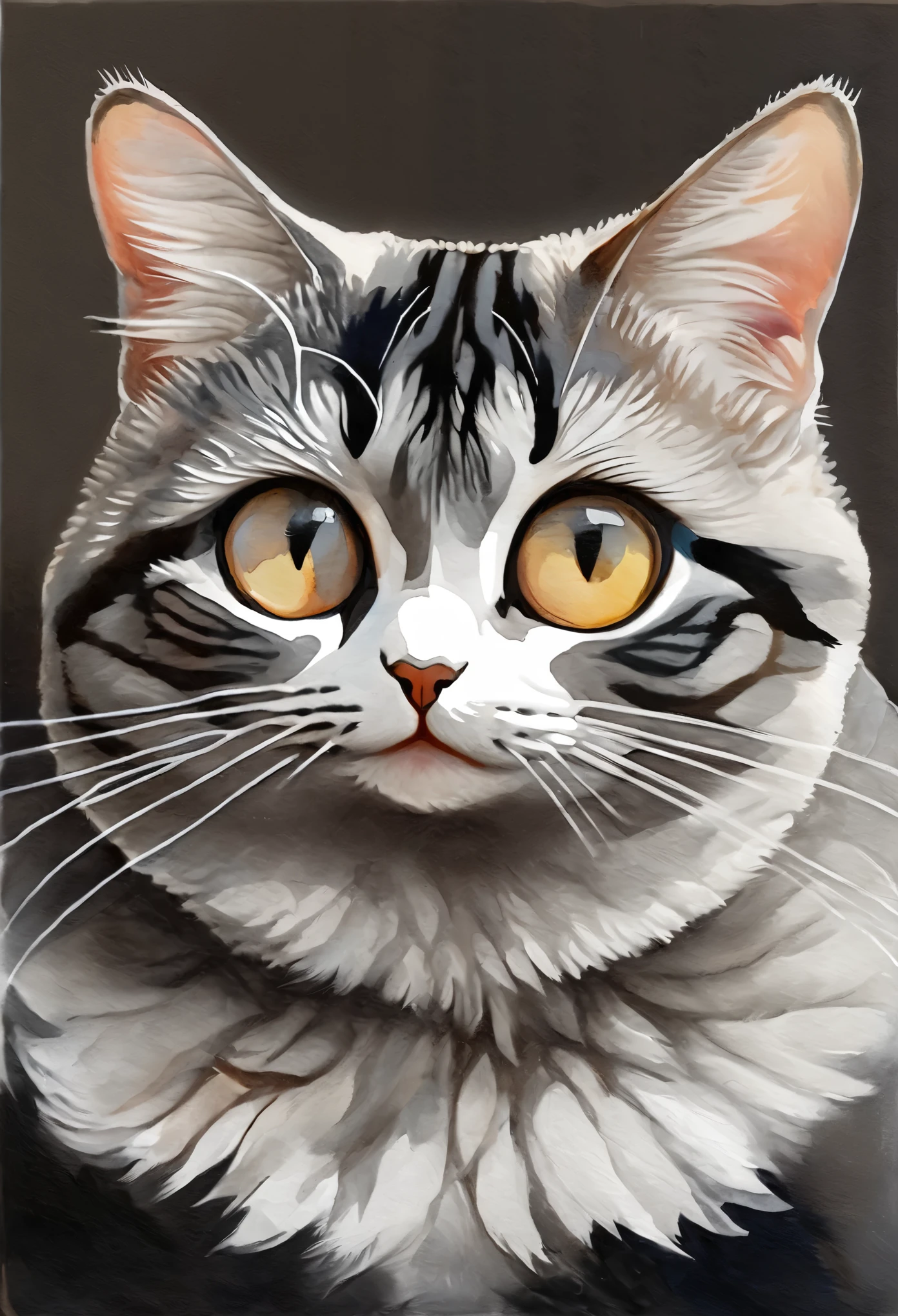 best quality, super fine, 16k, incredibly absurdres, extremely detailed, 2.5D, delicate and dynamic, fusion of watercolors and oil paintings, mix of monochrome and color, funny cat portrait