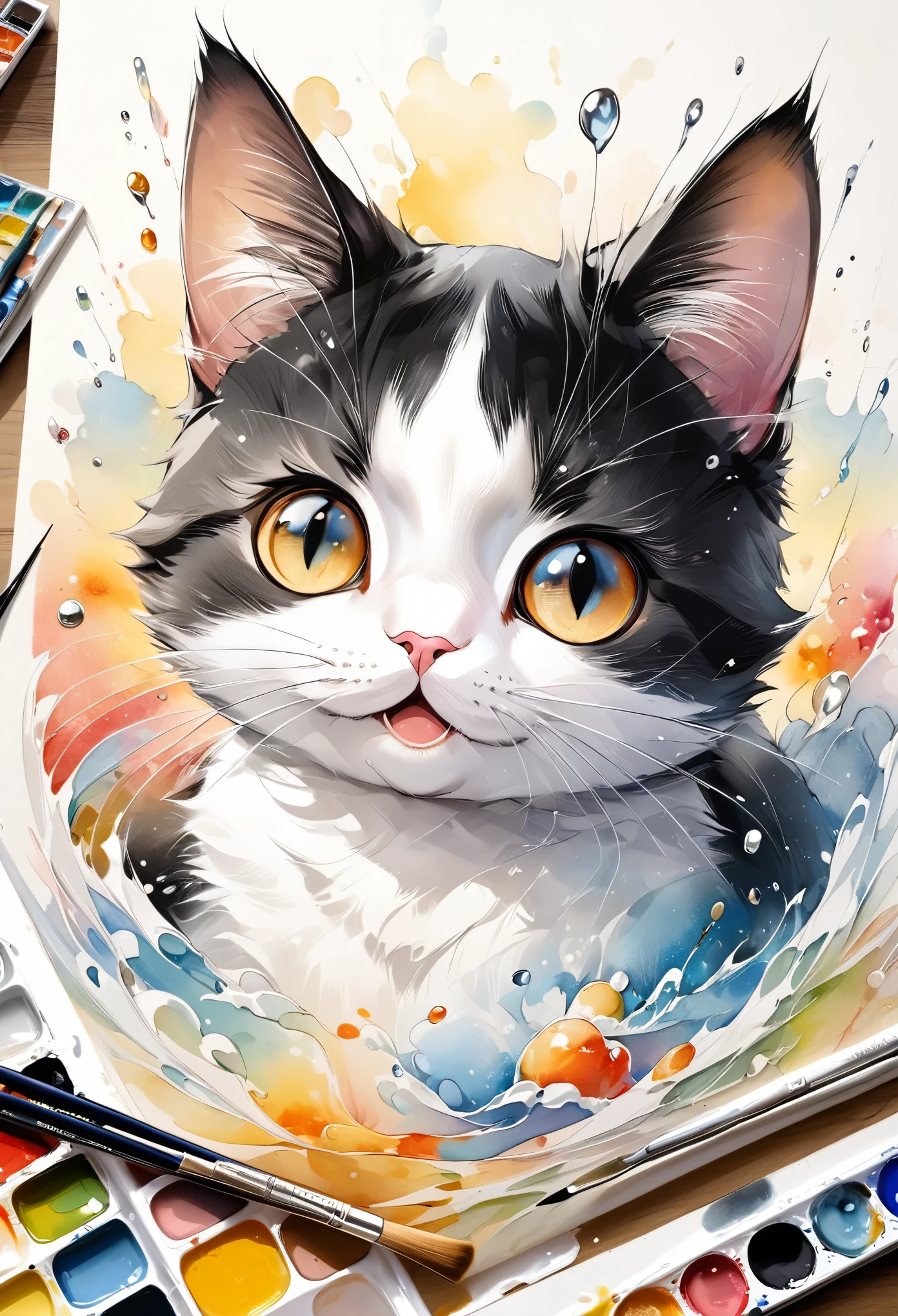 best quality, super fine, 16k, incredibly absurdres, extremely detailed, 2.5D, delicate and dynamic, fusion of watercolors and oil paintings, mix of monochrome and color, funny cat portrait, cute face, cute pose