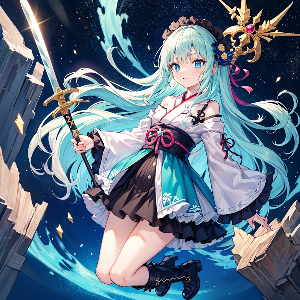 Star Fairy、best quality, ultra detailed, Full-HD, absurdres, a girl, fairy, hopeful, happy, standing, sword fighting, front view, blunt cut, long hair, white hair, colored inner hair, aqua hair, blue eyes, big eyes, detailed face, slender, green background, in the space, kawaii, concept art, hard-edged, full body shot, dynamic angle, golden ratio, leaping figure composition, depth of field, off shoulder, mini skirt, gothic lolita, japanese clothes, long boots, with a staff, delicate facial features, 20-year-old, Joyful Scene