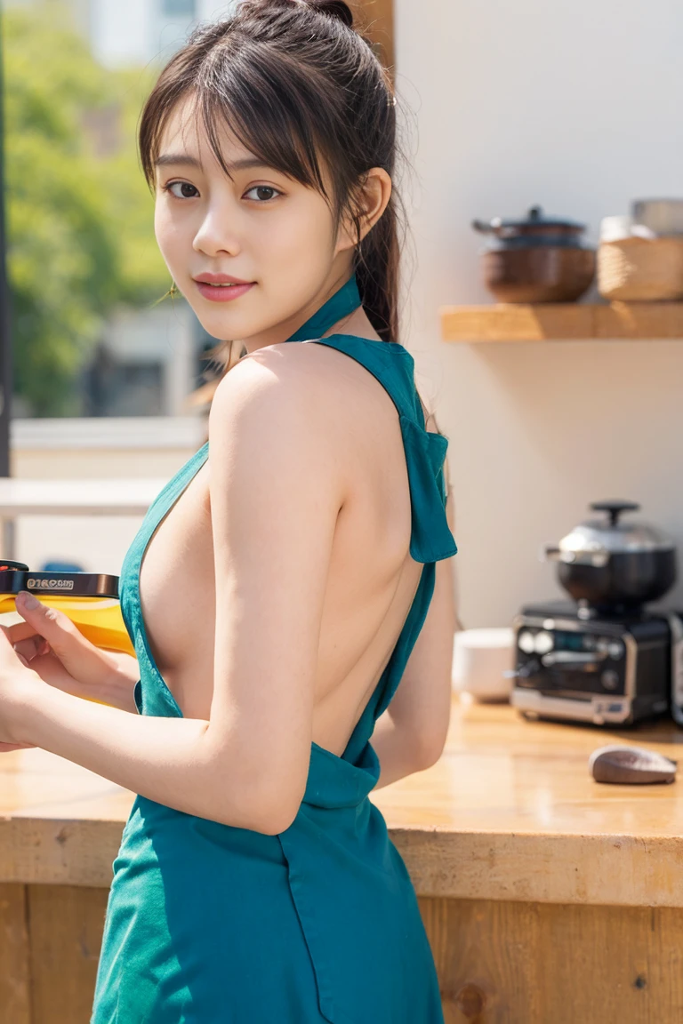 (Realistic、Photorealistic、Ultra-detailed、Highest Detail Skin、highest quality、masterpiece、超A high resolution)、Very cute Japanese woman、18-year-old、Gradient lighting、One Girl、Purelos Face、(((((Naked Apron、Wear only an apron、Green apron only、No clothes)))))、(((Coffee shop clerk、Serve customers at the counter)))、On the bed、Laughter、Realistic skin types、Perfect Style、Gravure idol pose、shortcut、double eyelid,((The camera is from the side of the body)),Small breasts、Nipples
