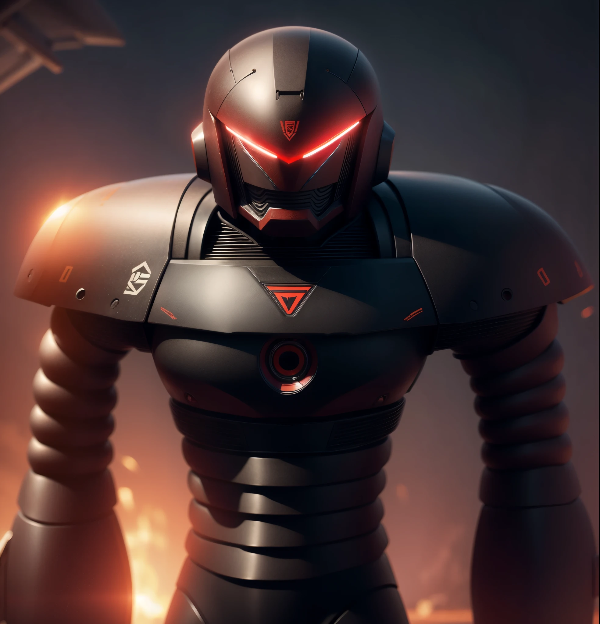 Round armor, robot, cyber, high quality, black iron body, red eyes, battlefield in the background,Bright background,