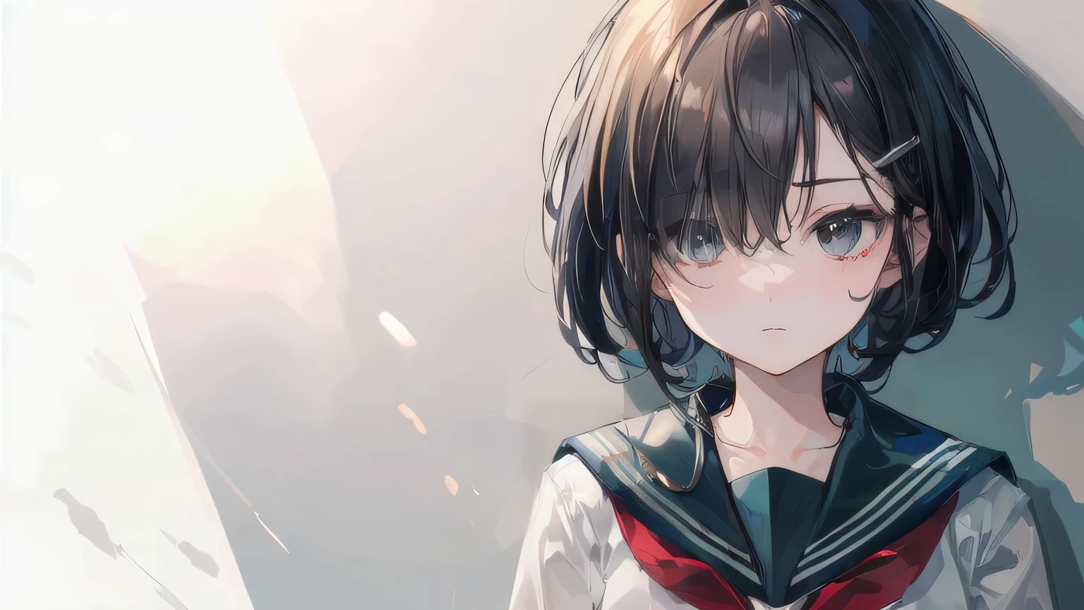 highest quality, Anime Moe Art Style,Best Anime 8K Konachan Wallpaper,pixiv contest winners,Perfect Anatomy, (Please draw a girl walking sleepily to school... ),break, 1 girl, (alone,,,:1.3),high school student, short hair, amount, (Hair above one eye:1.9),All limbs, Full Finger,Medium chest, Between the legs, Small eyes,accurate black eyes, Hair Clip, (Black Sailor Suit:1.5),(school uniform:1.5) skirt,On the way to school. break,Very detailed,High resolution,Ultra-dense skin, Professional Lighting,8k eye detail, (Cute illustrations:1.2),Black Hair、Expressionless,(Hair on one eye:1.5)、Thighs、whole body