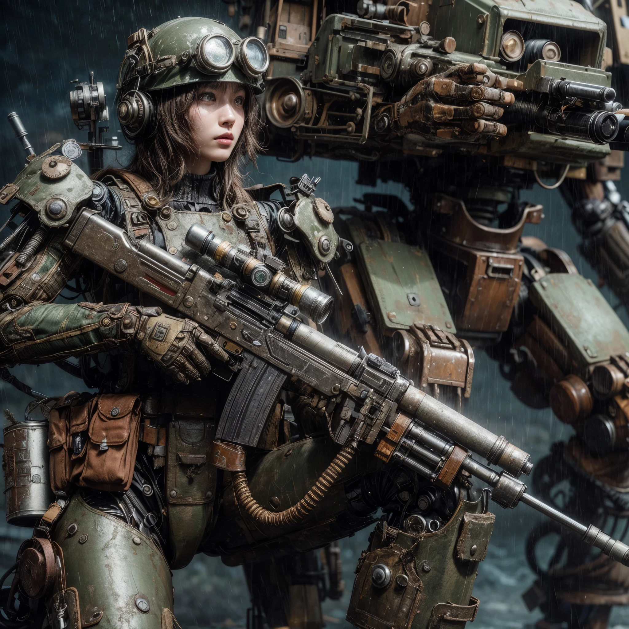 8k,Realistic Photo, Realistic Skin Texture, Superrealism, (WWII-like mechanical suit:1.2), collapsed city, heavy weapons,vivid textures,animal legs, gradation hair, japanese female soldier,(ultra beautiful face), ((super realistic all textures)), ((super intricate all details)), full body shot, ultra sharp photo result, Olive Drab color, scratch, Rust, weathering, steampunk, taken with Fuji film X-T30+Nokton. HDR10,Minimum of 4 pieces created
