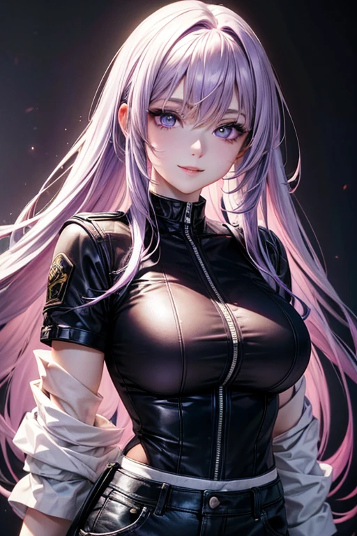 a beautiful young woman with light purple hair, long slightly waved and combed to one side, purple eyes, sharp eyes, eyeliner, pretty smile, pale skin, extremely beautiful, kind, sweet, White, black jacket, black cargo pants, anime realism style, portraits, vibrant lighting, color palette: light purple and black, (best quality, 4k, 8k, highres, masterpiece:1.2), ultra-detailed, realistic:1.37