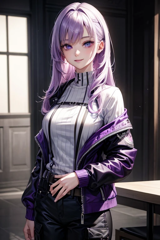a beautiful young woman with light purple hair, long slightly waved and combed to one side, purple eyes, sharp eyes, eyeliner, pretty smile, pale skin, extremely beautiful, kind, sweet, White, black jacket, black cargo pants, anime realism style, portraits, vibrant lighting, color palette: light purple and black, (best quality, 4k, 8k, highres, masterpiece:1.2), ultra-detailed, realistic:1.37