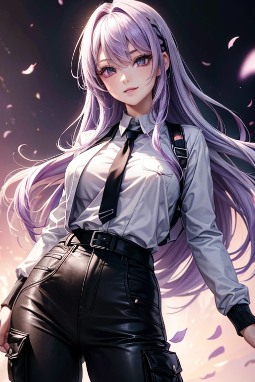 a beautiful young woman with light purple hair, long slightly waved and combed to one side, purple eyes, sharp eyes, eyeliner, pretty smile, pale skin, extremely beautiful, kind, sweet, White, black jacket, black cargo pants, anime realism style, portraits, vibrant lighting, color palette: light purple and black, (best quality, 4k, 8k, highres, masterpiece:1.2), ultra-detailed, realistic:1.37